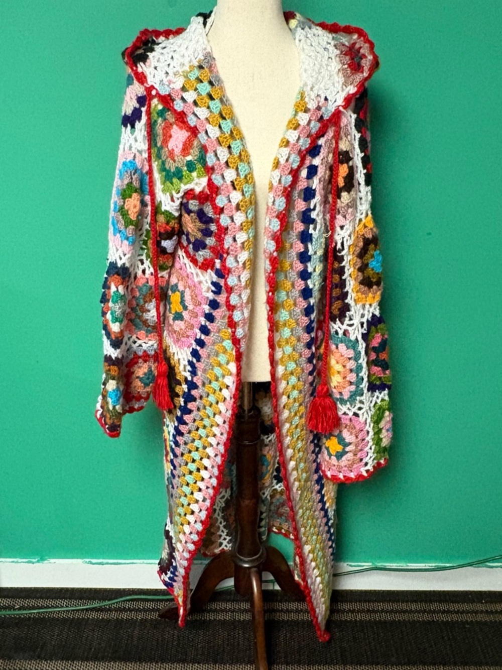 Handmade Multicolor Granny Square Crochet Hooded Sweater Duster Coat O/S